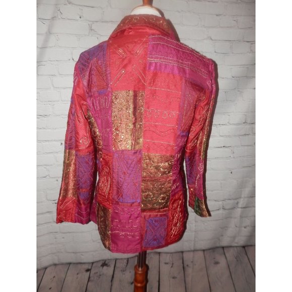 CHICO'S Jacket 1 Medium Red Gold Metallic Shimmer - Picture 3 of 5